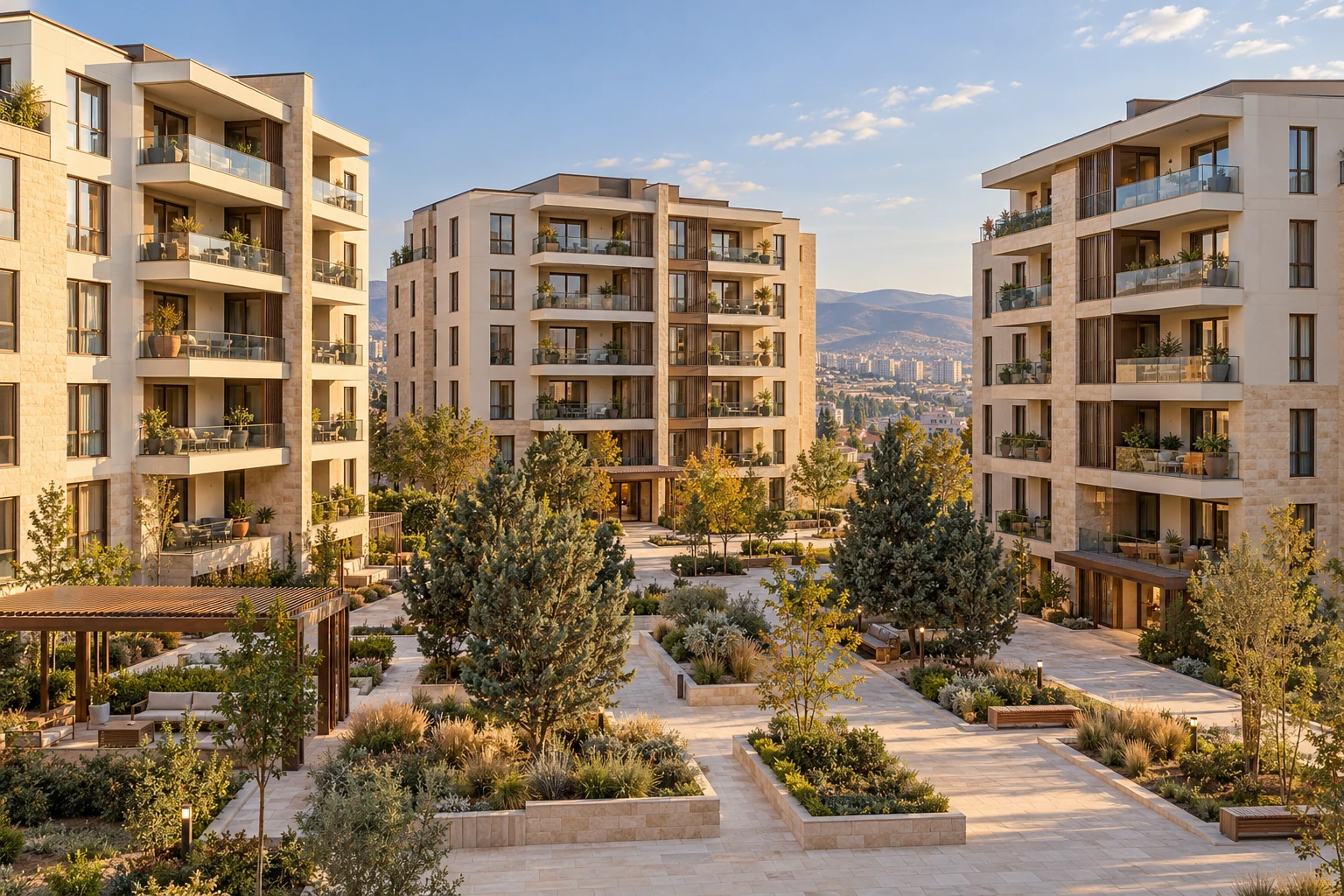 Ardıç Avlu’nun açık taş cepheli blokları ve peyzajlı ortak avlusu