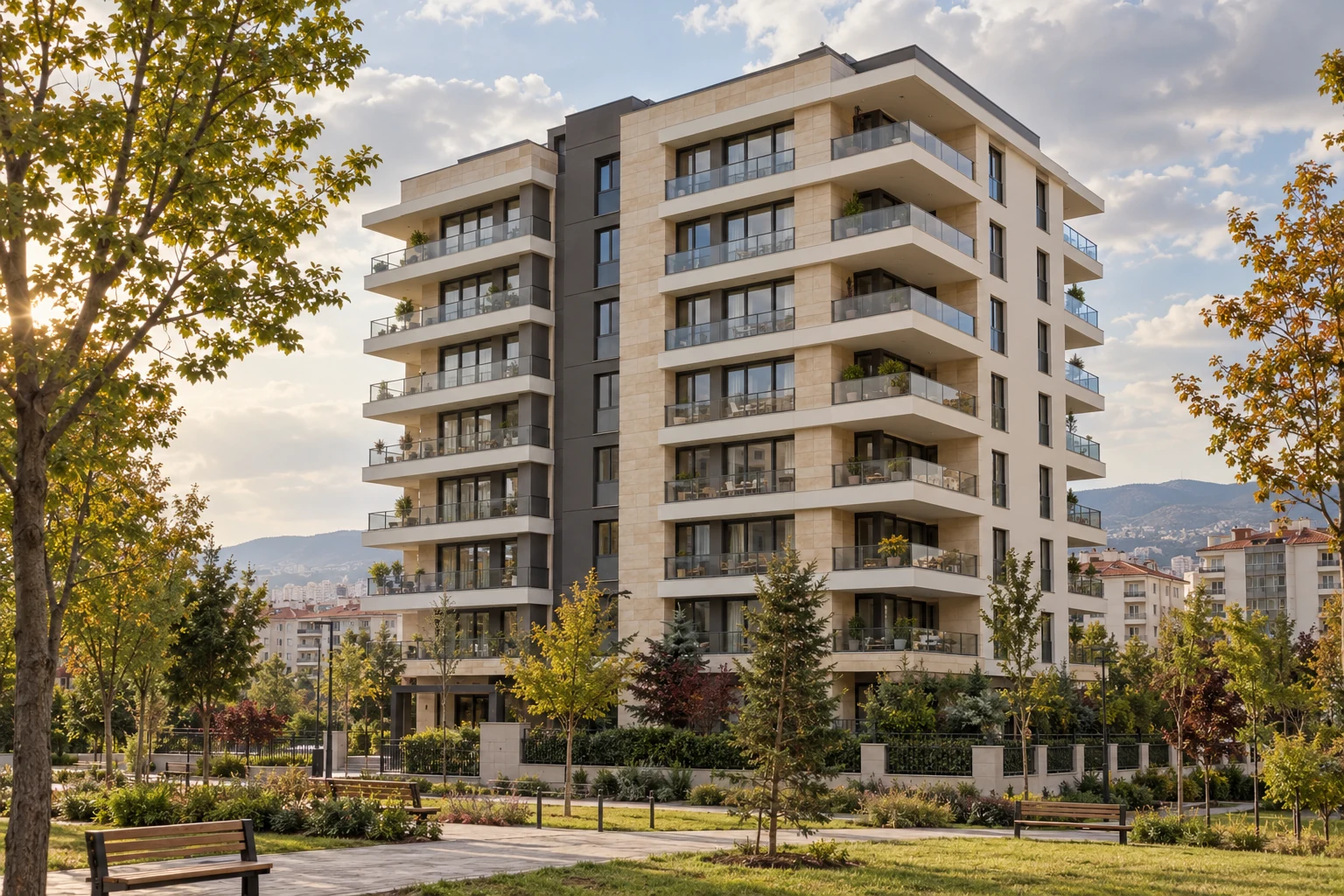 Ardıç Park apartmanının park yolundan görünen taş cepheli dış görünümü