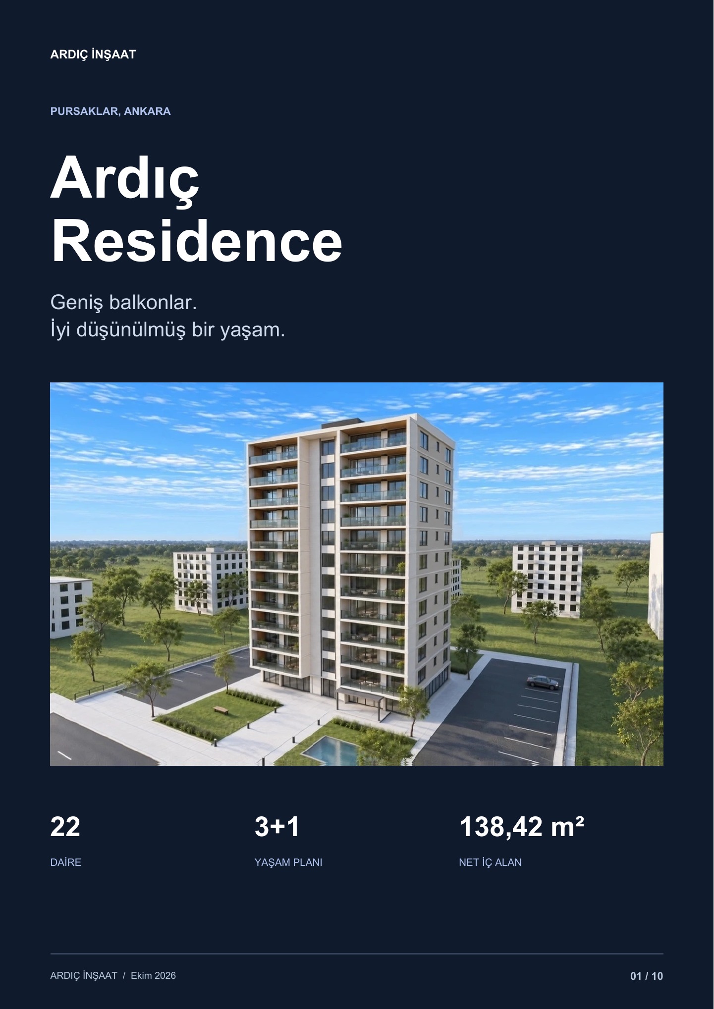 1. sayfa: Ardıç Residence. Pursaklar, Ankara. 22 daire, 3+1 planlar, 138,42 m² net iç alan ve 20,43 m² balkon.